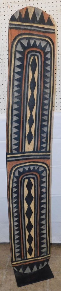 Painted Carved Wood Panel on Metal Stand: Painted Carved Wood Panel on Metal Stand . 65 3/4" H 11" W ALL DESCRIPTIONS AND ANY CONDITION STATEMENT GIVEN BY LANGSTON AUCTION GALLERY ARE STRICTLY OPINIONS AND LANGSTON'S SHALL HAVE NO RESPONSIBIL