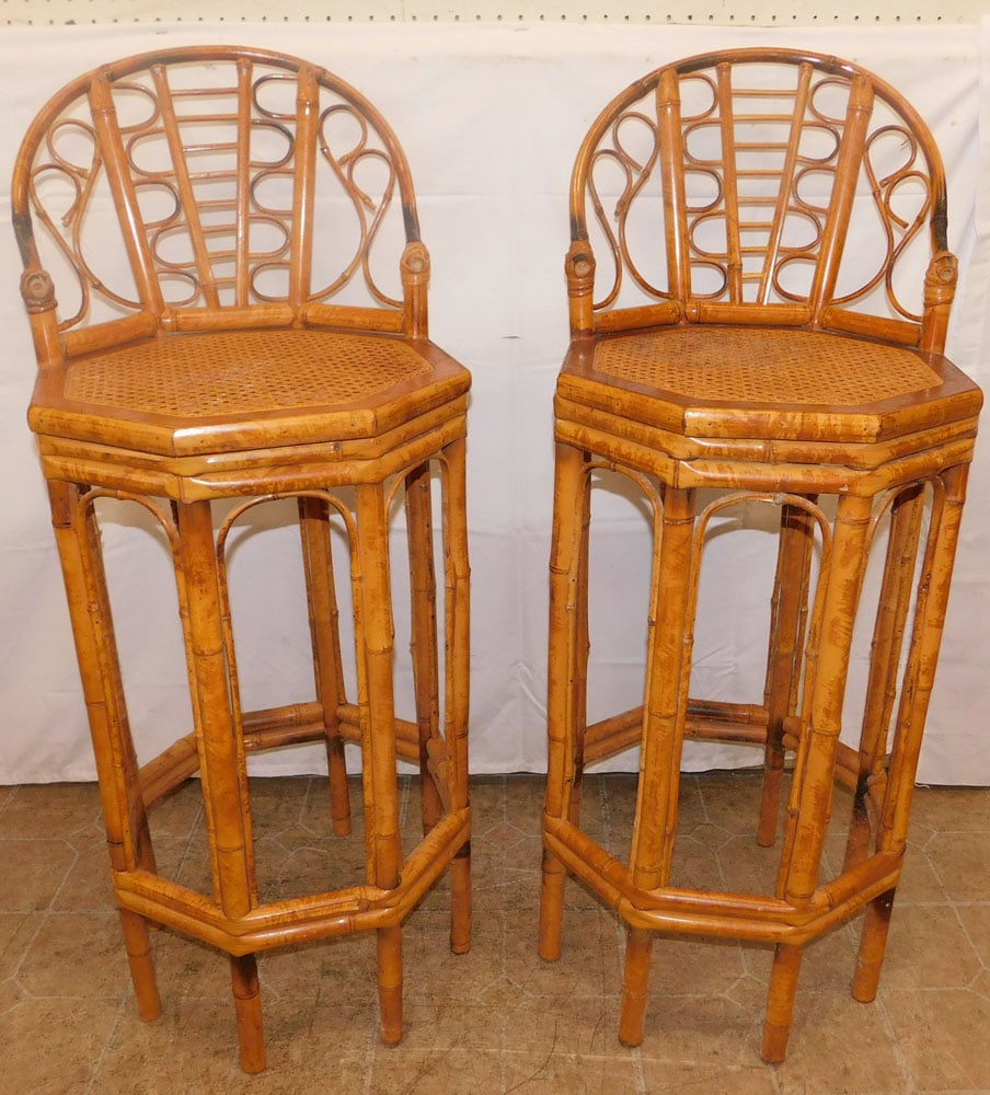 Pair of Bamboo & Cane Seat Bar Stools: Pair of Bamboo & Cane Seat Bar Stools . 41 1/2" H 17" W ALL DESCRIPTIONS AND ANY CONDITION STATEMENT GIVEN BY LANGSTON AUCTION GALLERY ARE STRICTLY OPINIONS AND LANGSTON'S SHALL HAVE NO