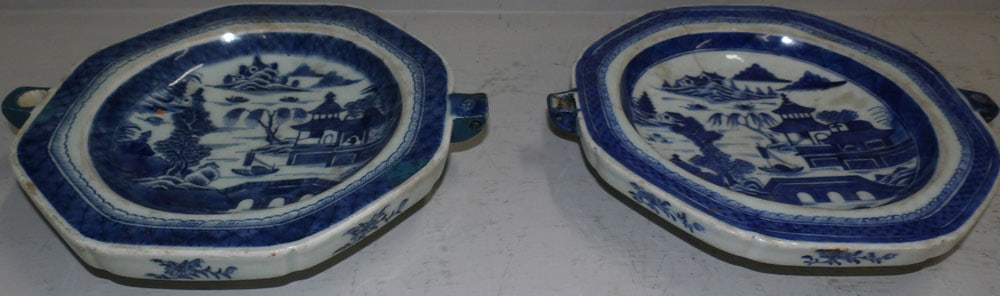 Two 19th Century Canton Warming Dishes with Restoration: Two 19th Century Canton Warming Dishes with Restoration. 10 1/2" x 9" ALL DESCRIPTIONS AND ANY CONDITION STATEMENT GIVEN BY LANGSTON AUCTION GALLERY ARE STRICTLY OPINIONS AND LANGSTON'S SHALL HAVE NO