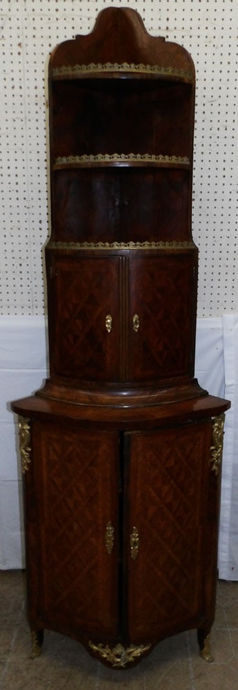 Antique French Marquetry Inlaid Two Part Corner Cabinet with Bronze Ormolu: Antique French Marquetry Inlaid Two Part Corner Cabinet with Bronze Ormolu. 81 1/4" H 26 1/4" W 18" D ALL DESCRIPTIONS AND ANY CONDITION STATEMENT GIVEN BY LANGSTON AUCTION GALLERY ARE STRICTLY