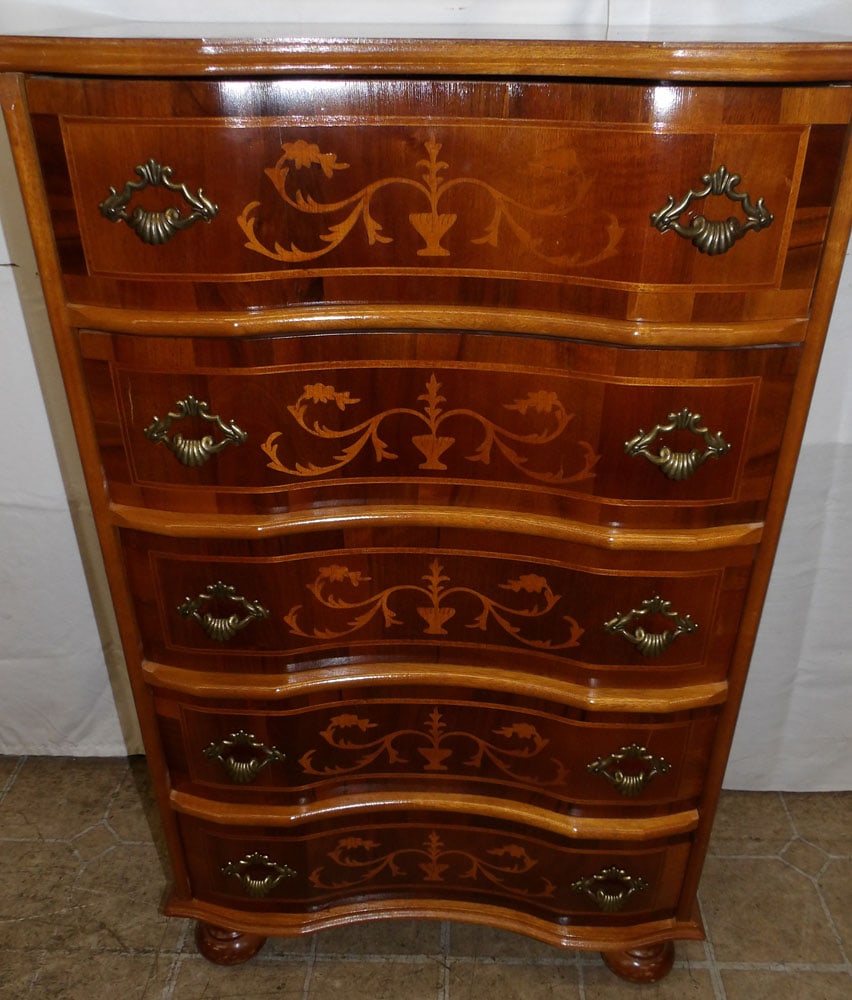 Walnut Inlaid Five Drawer Chest: Walnut Inlaid Five Drawer Chest . 36 1/4" H 22 3/4" W 12" D ALL DESCRIPTIONS AND ANY CONDITION STATEMENT GIVEN BY LANGSTON AUCTION GALLERY ARE STRICTLY OPINIONS AND LANGSTON'S SHALL HAVE NO