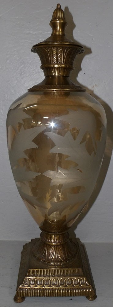Brass & Etched Glass Decorative Urn: Brass & Etched Glass Decorative Urn . 21 1/2" H 7 1/2" Dia. ALL DESCRIPTIONS AND ANY CONDITION STATEMENT GIVEN BY LANGSTON AUCTION GALLERY ARE STRICTLY OPINIONS AND LANGSTON'S SHALL HAVE NO