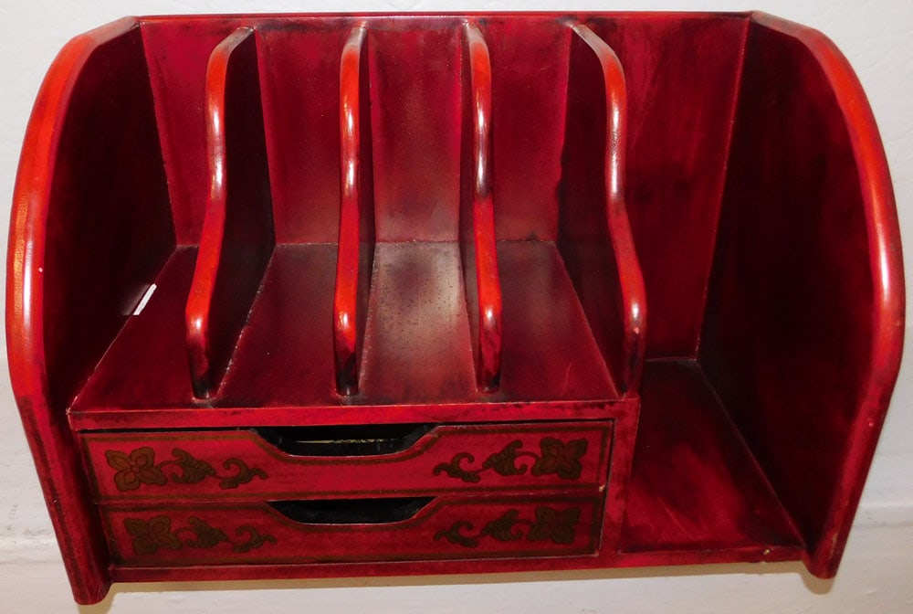 Oriental Paint Decorated Red Lacquered Desk Top Organizer: Oriental Paint Decorated Red Lacquered Desk Top Organizer . 11 3/4" H 18 1/4" W 10" D ALL DESCRIPTIONS AND ANY CONDITION STATEMENT GIVEN BY LANGSTON AUCTION GALLERY ARE STRICTLY OPINIONS AND