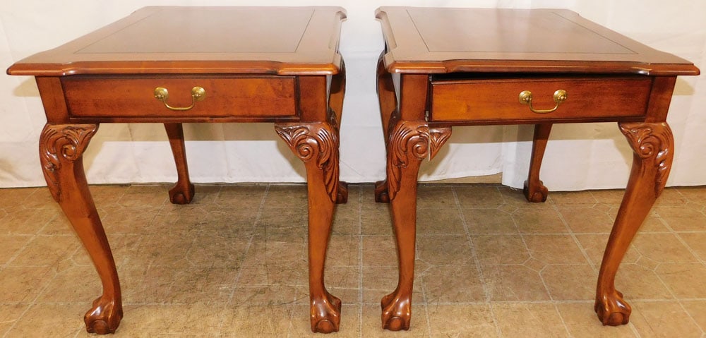 Pair of Cherry One Drawer End Tables with Ball & Claw Feet: Pair of Cherry One Drawer End Tables with Ball & Claw Feet. 23 1/4" H 22" W 26" D ALL DESCRIPTIONS AND ANY CONDITION STATEMENT GIVEN BY LANGSTON AUCTION GALLERY ARE STRICTLY OPINIONS AND LANGSTON'S SH