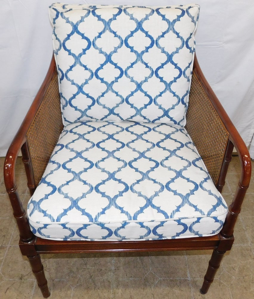 Mahogany Faux Bamboo & Cane Arm Chair: Mahogany Faux Bamboo & Cane Arm Chair . 34" H 25 1/2" W 25" D ALL DESCRIPTIONS AND ANY CONDITION STATEMENT GIVEN BY LANGSTON AUCTION GALLERY ARE STRICTLY OPINIONS AND LANGSTON'S SHALL HAVE NO RESPONSI