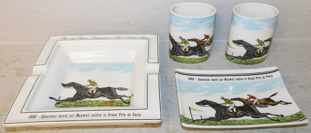 Four Piece Equestrian Scene Porcelain Desk Set by Porcelain Paris France D'Auteuil: Four Piece Equestrian Scene Porcelain Desk Set by Porcelain Paris France D'Auteuil. Up to 7 1/4" Dia. ALL DESCRIPTIONS AND ANY CONDITION STATEMENT GIVEN BY LANGSTON AUCTION GALLERY ARE STRICTLY