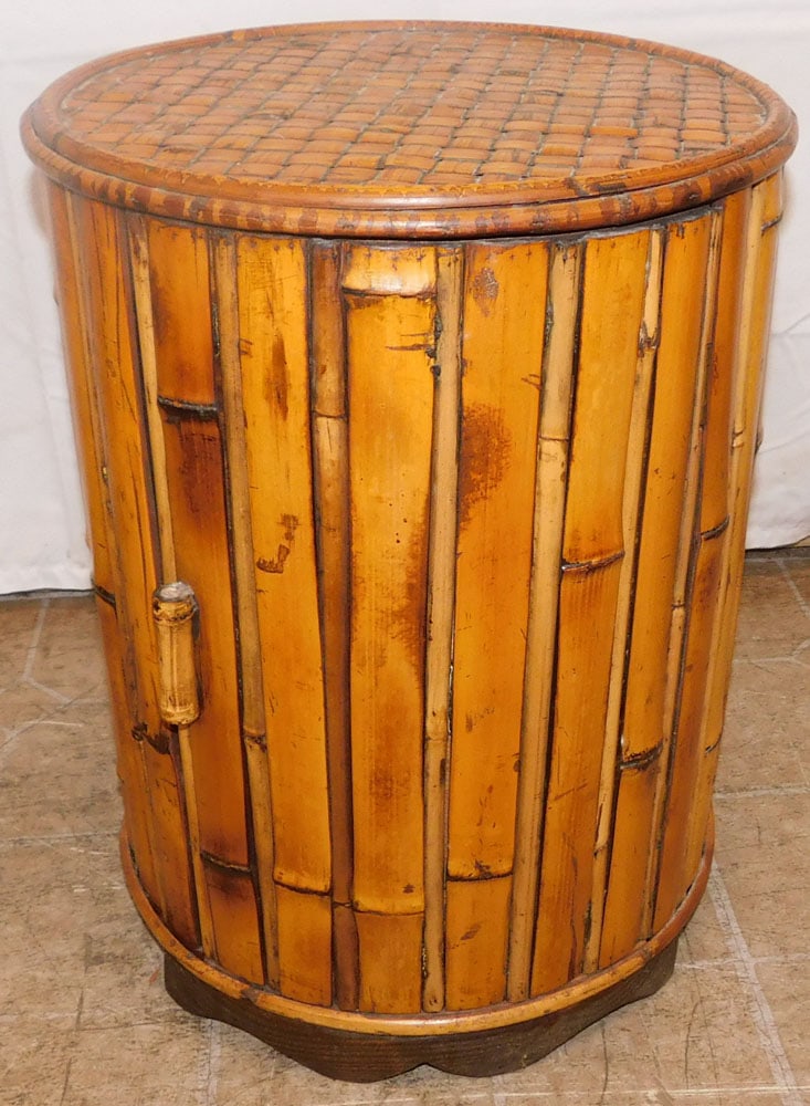 Round Bamboo One Door Stand: Round Bamboo One Door Stand . 19" H 14 1/4" Dia. ALL DESCRIPTIONS AND ANY CONDITION STATEMENT GIVEN BY LANGSTON AUCTION GALLERY ARE STRICTLY OPINIONS AND LANGSTON'S SHALL HAVE NO RESPONSIBILITY FOR ER