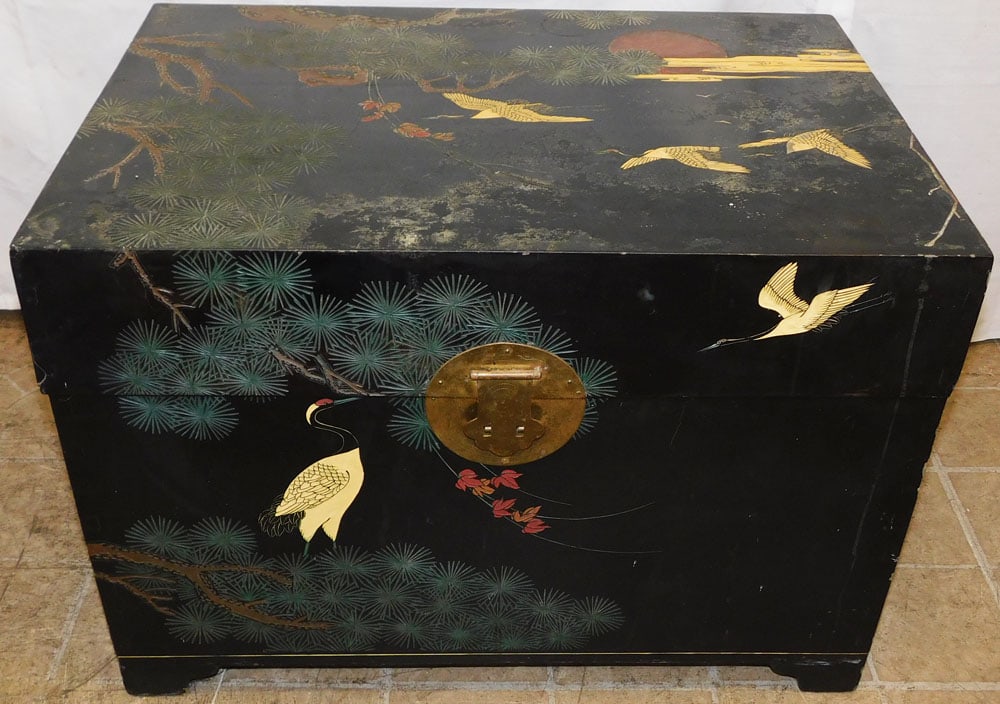 Black Lacquered & Paint Decorated Oriental Box: Black Lacquered & Paint Decorated Oriental Box . 18 3/4" H 26" W 18" D ALL DESCRIPTIONS AND ANY CONDITION STATEMENT GIVEN BY LANGSTON AUCTION GALLERY ARE STRICTLY OPINIONS AND LANGSTON'S SHALL HAVE