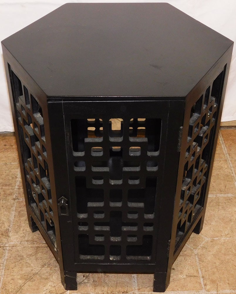 Modern Black Lacquered Hexagonal Form One Door Stand: Modern Black Lacquered Hexagonal Form One Door Stand . 19 3/4" H 17 1/4" Dia. ALL DESCRIPTIONS AND ANY CONDITION STATEMENT GIVEN BY LANGSTON AUCTION GALLERY ARE STRICTLY OPINIONS AND LANGSTON'S SHALL