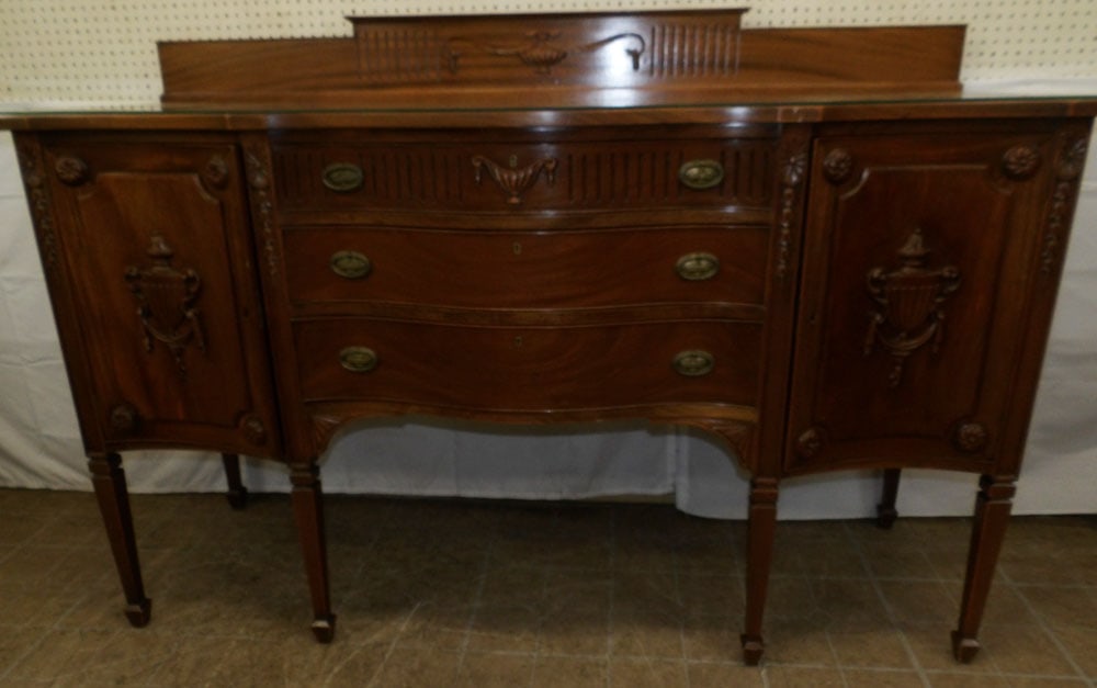 Antique Mahogany Serpentine Front Sideboard: Antique Mahogany Serpentine Front Sideboard . 49" H 72 1/4" W 24" D ALL DESCRIPTIONS AND ANY CONDITION STATEMENT GIVEN BY LANGSTON AUCTION GALLERY ARE STRICTLY OPINIONS AND LANGSTON'S SHALL HAVE NO RE