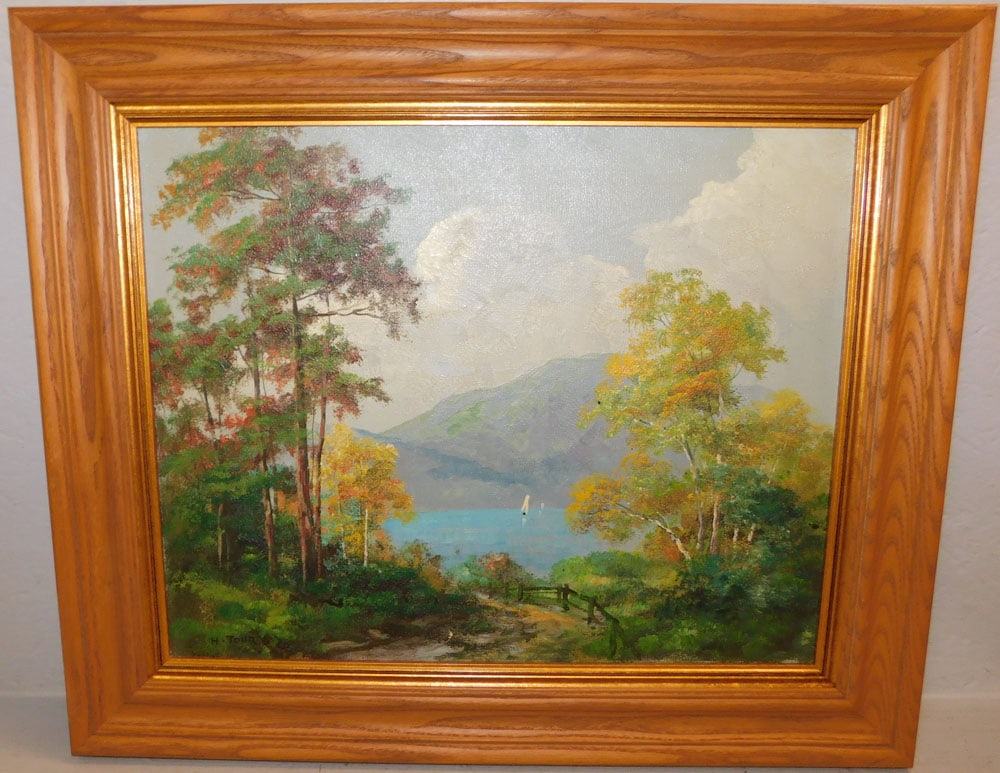 Framed Oil on Canvas Lake Scene Artist Signed: Framed Oil on Canvas Lake Scene Artist Signed. 22" x 26" ALL DESCRIPTIONS AND ANY CONDITION STATEMENT GIVEN BY LANGSTON AUCTION GALLERY ARE STRICTLY OPINIONS AND LANGSTON'S SHALL HAVE NO RESPONSIBILIT