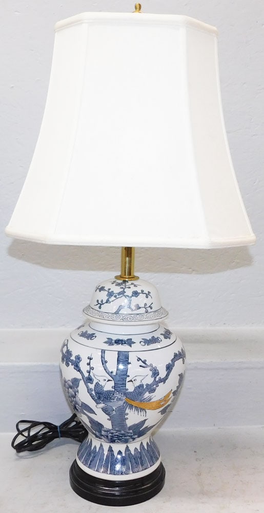 Oriental Blue & White Porcelain Urn Made Into Lamp with Pheasant Motif: Oriental Blue & White Porcelain Urn Made Into Lamp with Pheasant Motif. 29" H Shade: 14 1/4" Dia. ALL DESCRIPTIONS AND ANY CONDITION STATEMENT GIVEN BY LANGSTON AUCTION GALLERY ARE STRICTLY OPINIONS A
