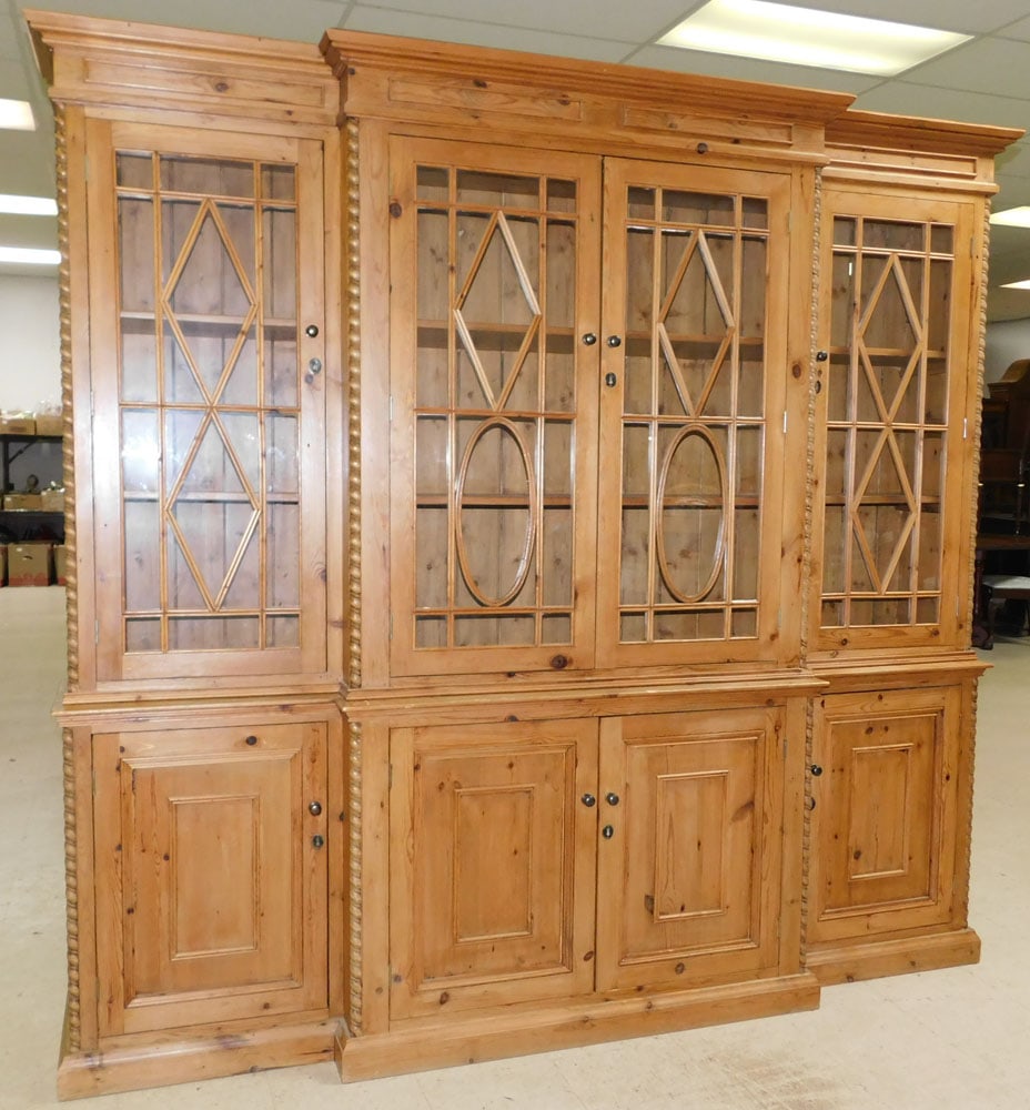 Bleached Pine Two Piece Glass Door Breakfront: Bleached Pine Two Piece Glass Door Breakfront. 86 1/2" H 91 1/2" W 19" D ALL DESCRIPTIONS AND ANY CONDITION STATEMENT GIVEN BY LANGSTON AUCTION GALLERY ARE STRICTLY OPINIONS AND LANGSTON'S SHALL HAVE 