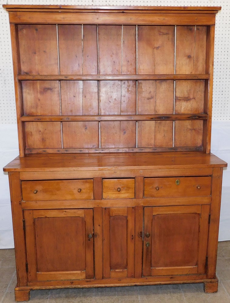 19th Century Two Piece Pine Pewter Cupboard: 19th Century Two Piece Pine Pewter Cupboard . 74 1/2" H 54 3/4" W 18 1/2" D ALL DESCRIPTIONS AND ANY CONDITION STATEMENT GIVEN BY LANGSTON AUCTION GALLERY ARE STRICTLY OPINIONS AND LANGSTON'S SHALL HA