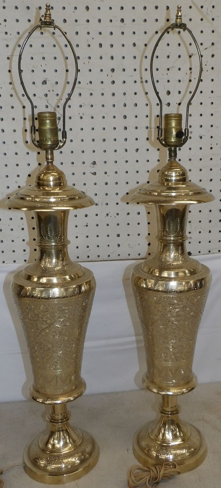 Pair of Etched Brass Urn Form Lamps: Pair of Etched Brass Urn Form Lamps. 33 1/2" H 6 1/4" Dia. ALL DESCRIPTIONS AND ANY CONDITION STATEMENT GIVEN BY LANGSTON AUCTION GALLERY ARE STRICTLY OPINIONS AND LANGSTON'S SHALL HAVE NO RESPONSIBIL