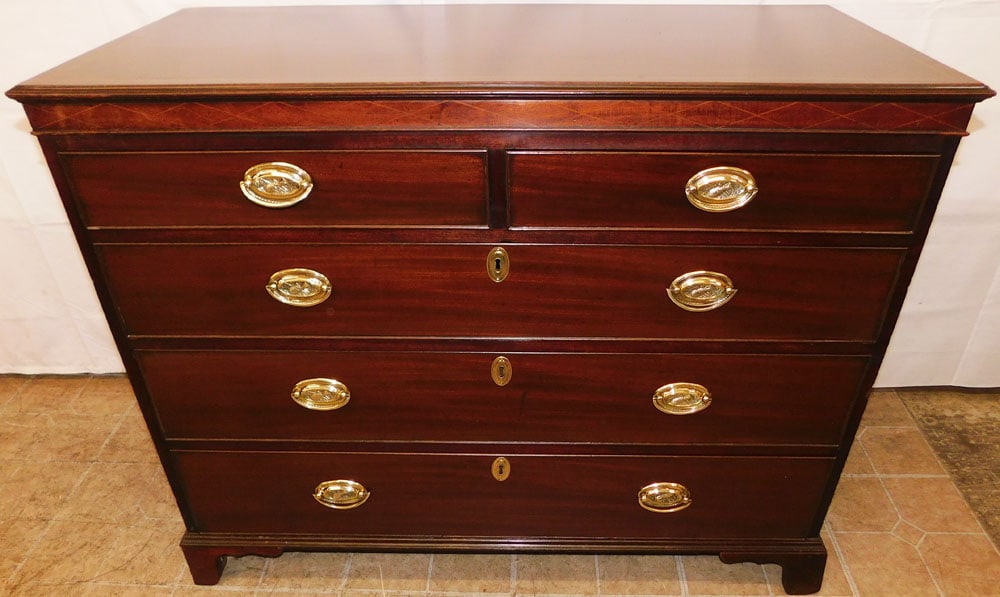 19th Century Mahogany Two Over Three Drawer Chest with Inlaid Top: 19th Century Mahogany Two Over Three Drawer Chest with Inlaid Top. 34 1/4" H 43 1/4" W 20" D ALL DESCRIPTIONS AND ANY CONDITION STATEMENT GIVEN BY LANGSTON AUCTION GALLERY ARE STRICTLY OPINIONS AND LA