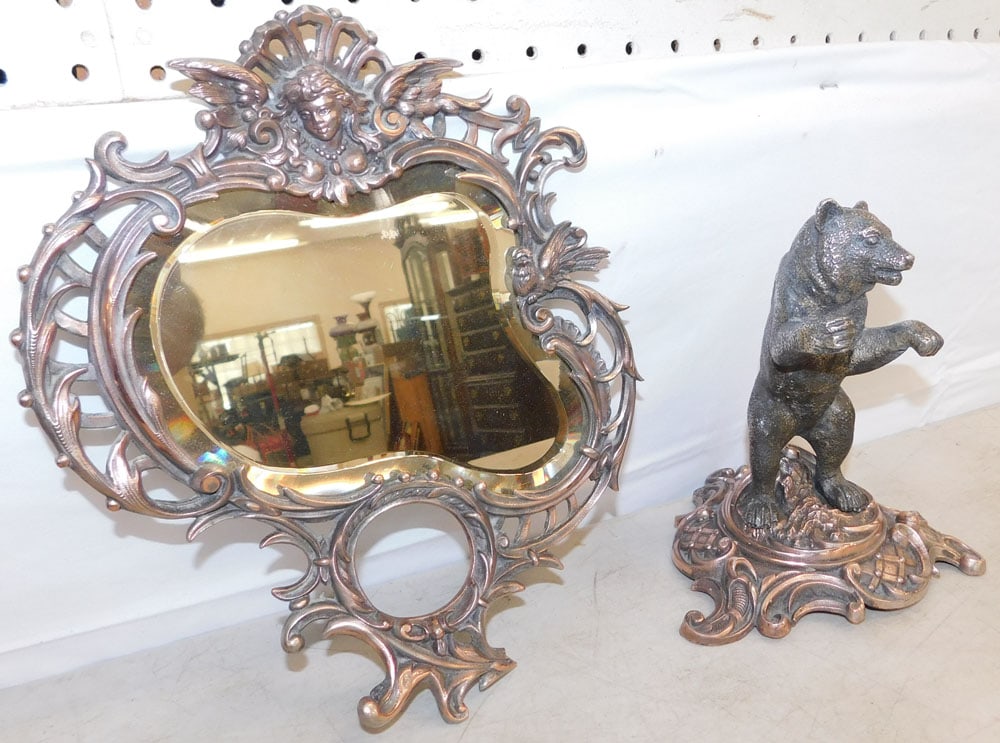 Ornate Gilded Metal Frame Bevel Edge Mirror & Bear Figure (1 of 8)