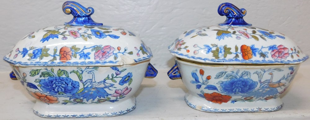 Pair of Antique Ironstone Sauce Tureens, (Some Chips): Pair of Antique Ironstone Sauce Tureens, (Some Chips). 5 1/2" H 7 1/4" W 5" D ALL DESCRIPTIONS AND ANY CONDITION STATEMENT GIVEN BY LANGSTON AUCTION GALLERY ARE STRICTLY OPINIONS AND LANGSTON'S SHALL