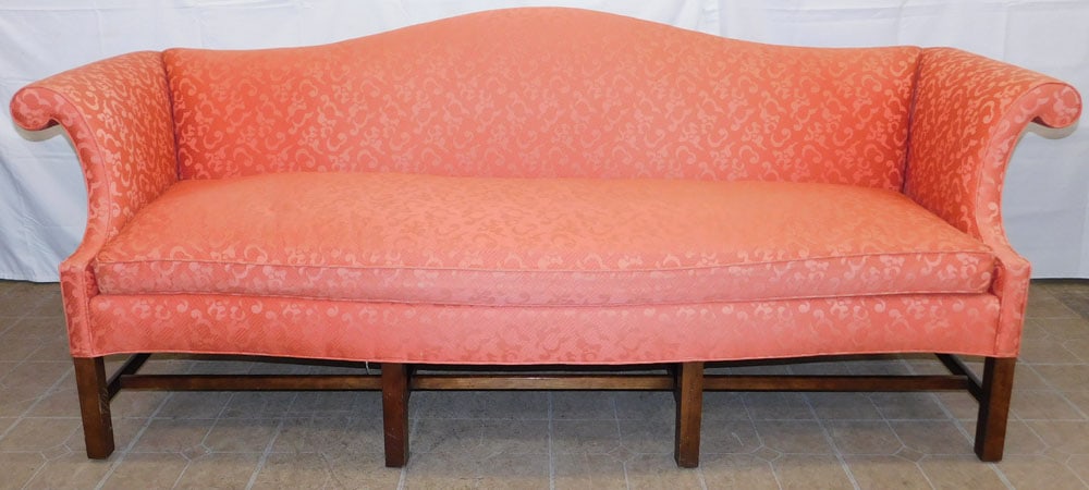 Upholstered Camel Back Chippendale Style Sofa by Baker: Upholstered Camel Back Chippendale Style Sofa by Baker. 36" H 91" W 32" D ALL DESCRIPTIONS AND ANY CONDITION STATEMENT GIVEN BY LANGSTON AUCTION GALLERY ARE STRICTLY OPINIONS AND LANGSTON'S SHALL HAVE