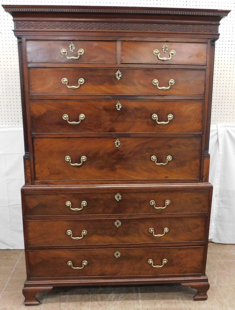 19th Century Mahogany Two Piece Chest on Chest with Fluted Quarter Columns: 19th Century Mahogany Two Piece Chest on Chest with Fluted Quarter Columns. 71 1/2" H 48" W 23" D ALL DESCRIPTIONS AND ANY CONDITION STATEMENT GIVEN BY LANGSTON AUCTION GALLERY ARE STRICTLY OPINIONS