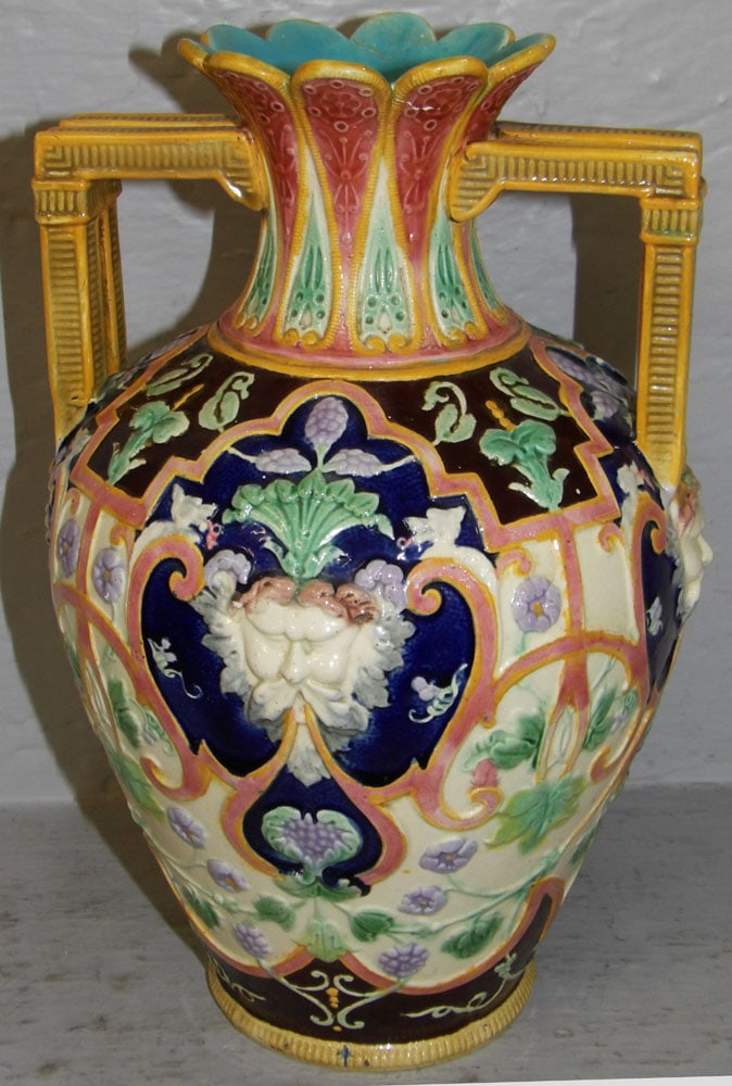 19th Century Renaissance Revival Majolica Vase Marked Copeland, (Some Restoration): 19th Century Renaissance Revival Majolica Vase Marked Copeland, (Some Restoration). 11 1/4" H 7" Dia. ALL DESCRIPTIONS AND ANY CONDITION STATEMENT GIVEN BY LANGSTON AUCTION GALLERY ARE STRICTLY
