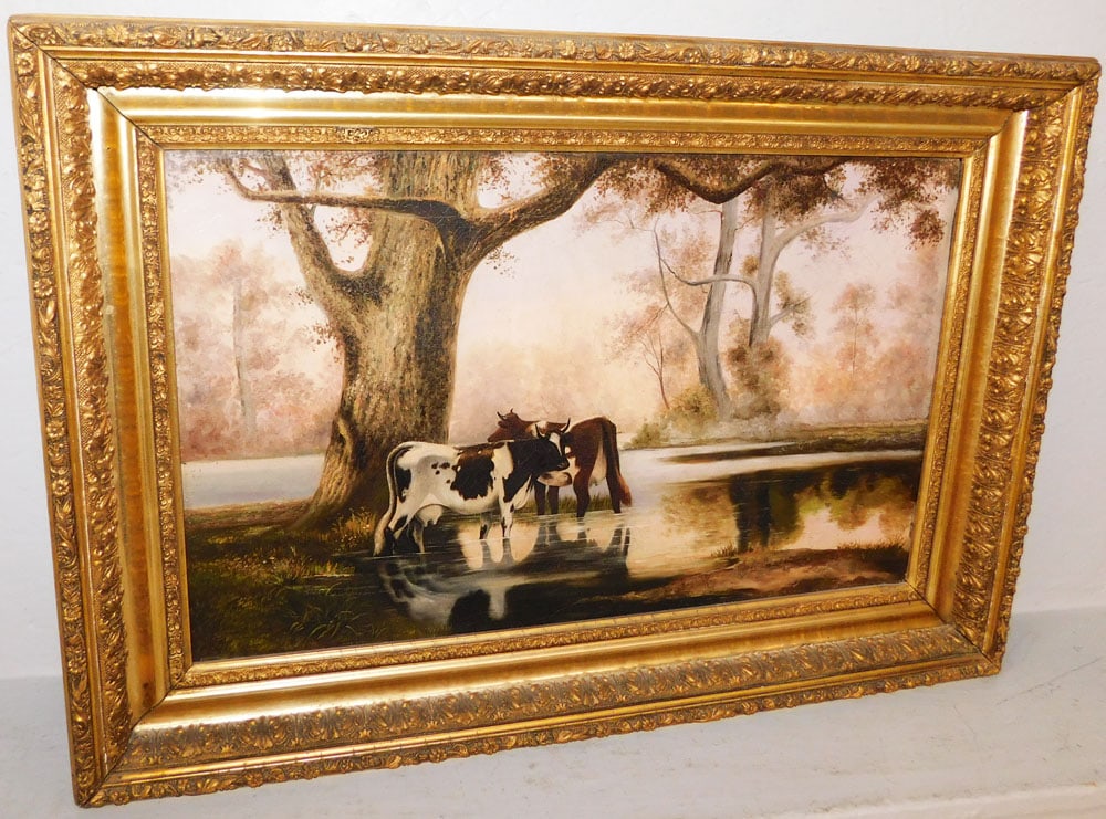 19th Century Oil on Canvas Cattle Scene in Ornate Gilded Frame: 19th Century Oil on Canvas Cattle Scene in Ornate Gilded Frame. 21" x 30" ALL DESCRIPTIONS AND ANY CONDITION STATEMENT GIVEN BY LANGSTON AUCTION GALLERY ARE STRICTLY OPINIONS AND LANGSTON'S SHALL HAVE