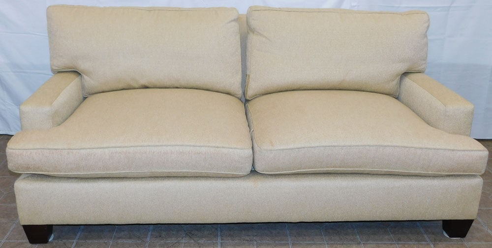 Upholstered Sofa by Baker Furniture: Upholstered Sofa by Baker Furniture. 33" H 76" W 38" D ALL DESCRIPTIONS AND ANY CONDITION STATEMENT GIVEN BY LANGSTON AUCTION GALLERY ARE STRICTLY OPINIONS AND LANGSTON'S SHALL HAVE NO RESPONSIBILITY 