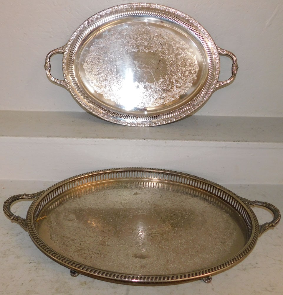 Two Silverplated Serving Trays: Two Silverplated Serving Trays . Up to 27" x 16" ALL DESCRIPTIONS AND ANY CONDITION STATEMENT GIVEN BY LANGSTON AUCTION GALLERY ARE STRICTLY OPINIONS AND LANGSTON'S SHALL HAVE NO RESPONSIBILITY FOR ER
