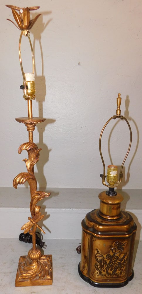 Two Gilded Ceramic Decorative Lamps: Two Gilded Ceramic Decorative Lamps. Up to 33 3/4" H 5" Dia. ALL DESCRIPTIONS AND ANY CONDITION STATEMENT GIVEN BY LANGSTON AUCTION GALLERY ARE STRICTLY OPINIONS AND LANGSTON'S SHALL HAVE NO RESPONSIB