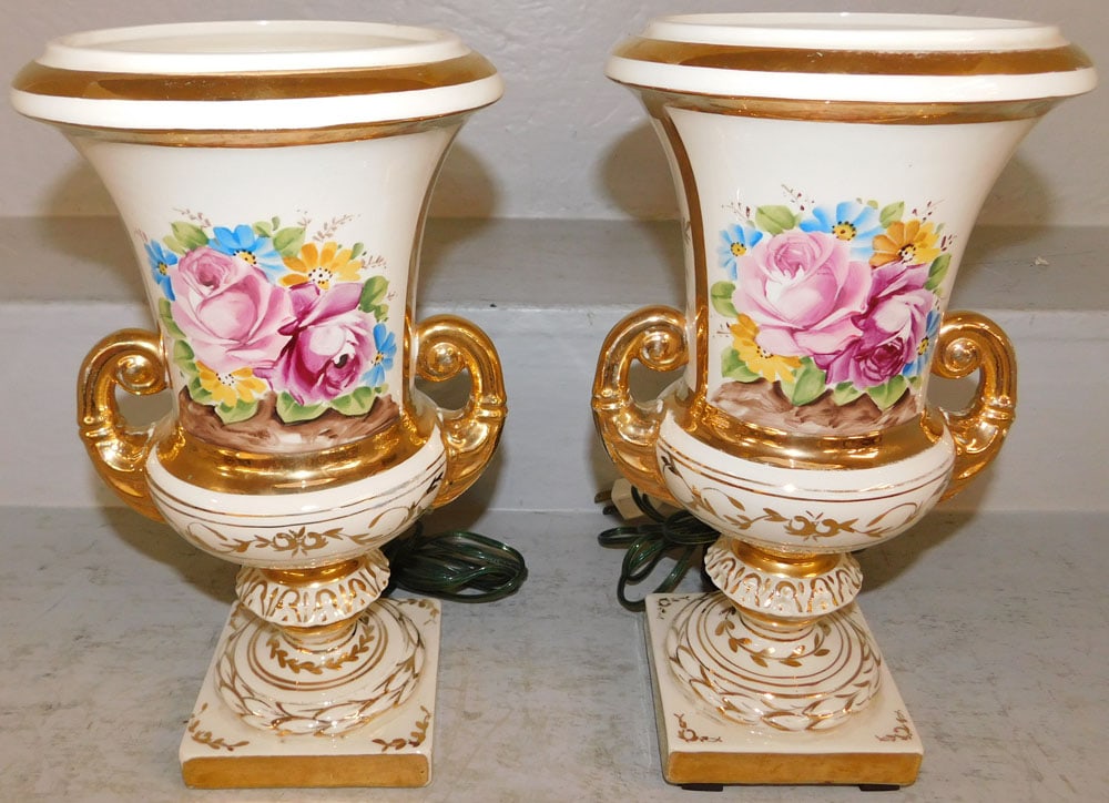 Pair of Painted Porcelain Urn Lamps: Pair of Painted Porcelain Urn Lamps . 12 3/4" H 7" W ALL DESCRIPTIONS AND ANY CONDITION STATEMENT GIVEN BY LANGSTON AUCTION GALLERY ARE STRICTLY OPINIONS AND LANGSTON'S SHALL HAVE NO RESPONSIBILITY