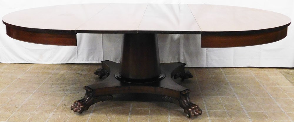 19th Century Mahogany Round Pedestal Table with Two Leaves & Claw Feet: 19th Century Mahogany Round Pedestal Table with Two Leaves & Claw Feet. 28 1/4" H 92" W 60" D ALL DESCRIPTIONS AND ANY CONDITION STATEMENT GIVEN BY LANGSTON AUCTION GALLERY ARE STRICTLY OPINIONS AND L
