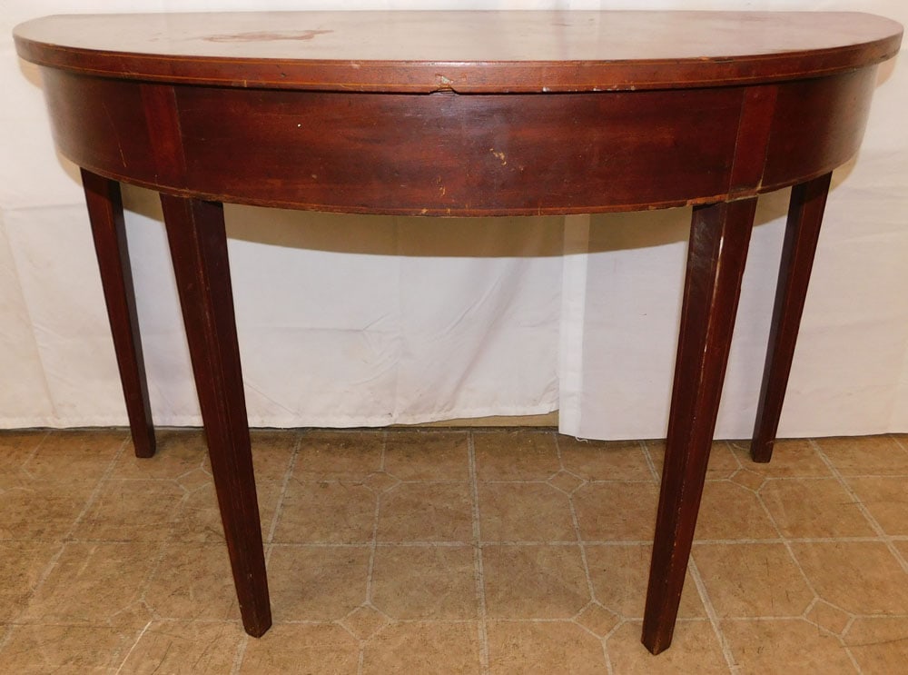 Antique Mahogany Inlaid Demi Lune Console: Antique Mahogany Inlaid Demi Lune Console . 28 1/4" H 44" W 21 1/4" D ALL DESCRIPTIONS AND ANY CONDITION STATEMENT GIVEN BY LANGSTON AUCTION GALLERY ARE STRICTLY OPINIONS AND LANGSTON'S SHALL HAVE NO 
