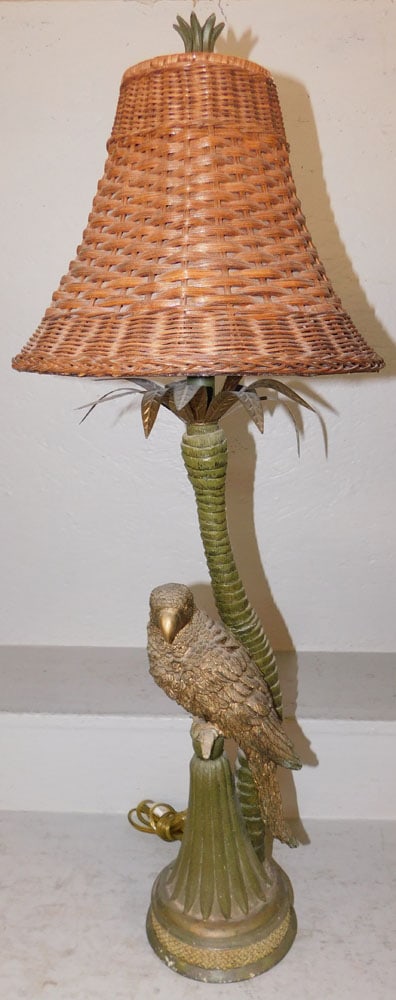 Painted Resin Decorative Cockatoo Lamp with Wicker Shade: Painted Resin Decorative Cockatoo Lamp with Wicker Shade. 35 1/4" H 13" Dia. ALL DESCRIPTIONS AND ANY CONDITION STATEMENT GIVEN BY LANGSTON AUCTION GALLERY ARE STRICTLY OPINIONS AND LANGSTON'S SHALL H