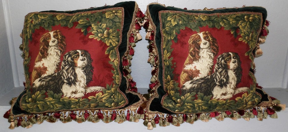 Pair of Spaniel Motif Decorative Pillows: Pair of Spaniel Motif Decorative Pillows . 22 1/2" x 23" ALL DESCRIPTIONS AND ANY CONDITION STATEMENT GIVEN BY LANGSTON AUCTION GALLERY ARE STRICTLY OPINIONS AND LANGSTON'S SHALL HAVE NO