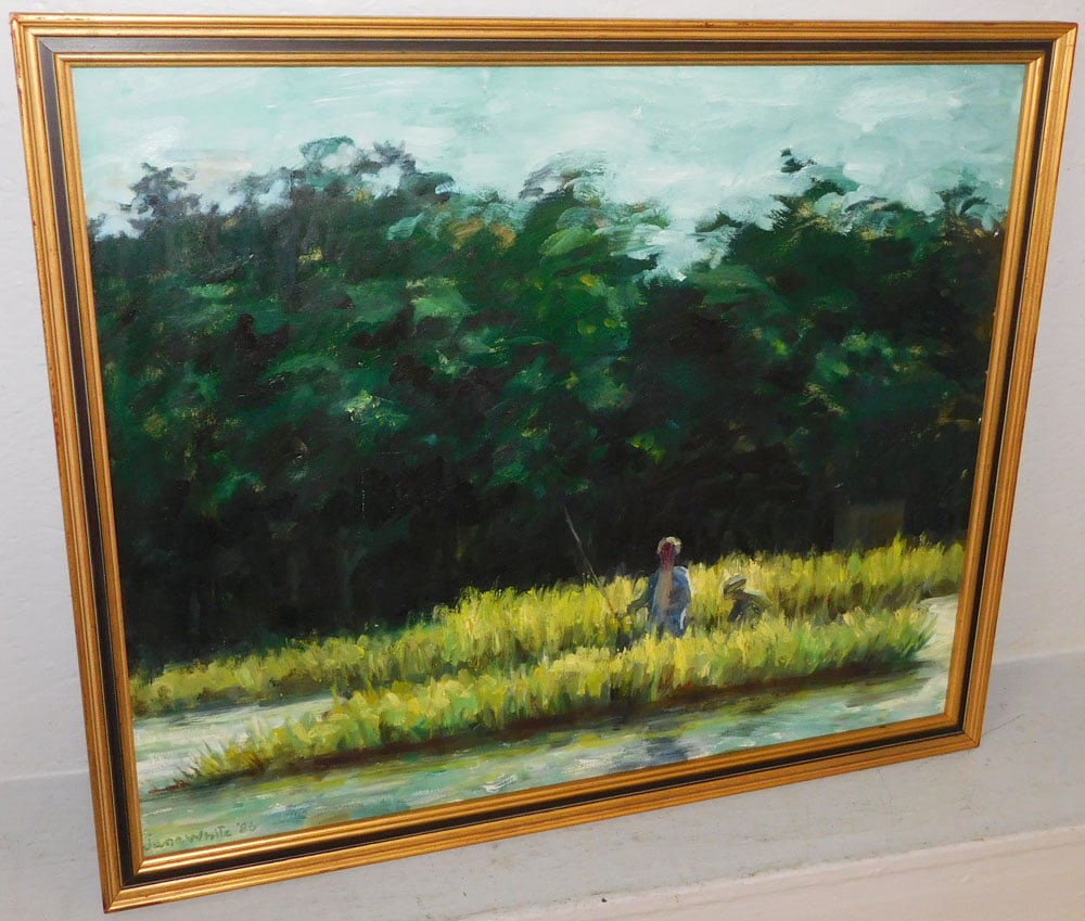 Framed Oil on Board Fishing Scene Artist Signed: Framed Oil on Board Fishing Scene Artist Signed . 26" x 31" ALL DESCRIPTIONS AND ANY CONDITION STATEMENT GIVEN BY LANGSTON AUCTION GALLERY ARE STRICTLY OPINIONS AND LANGSTON'S SHALL HAVE NO