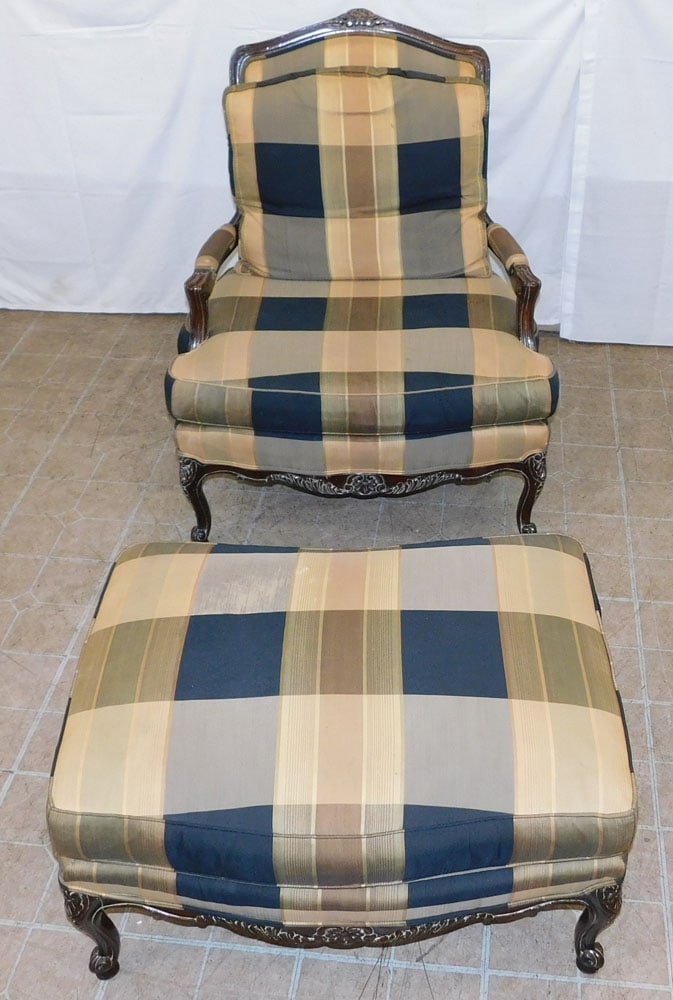 Carved Walnut & Upholstered French Arm Chair & Ottoman by Council: Carved Walnut & Upholstered French Arm Chair & Ottoman by Council. 39" H 31" W 35" D ALL DESCRIPTIONS AND ANY CONDITION STATEMENT GIVEN BY LANGSTON AUCTION GALLERY ARE STRICTLY OPINIONS AND