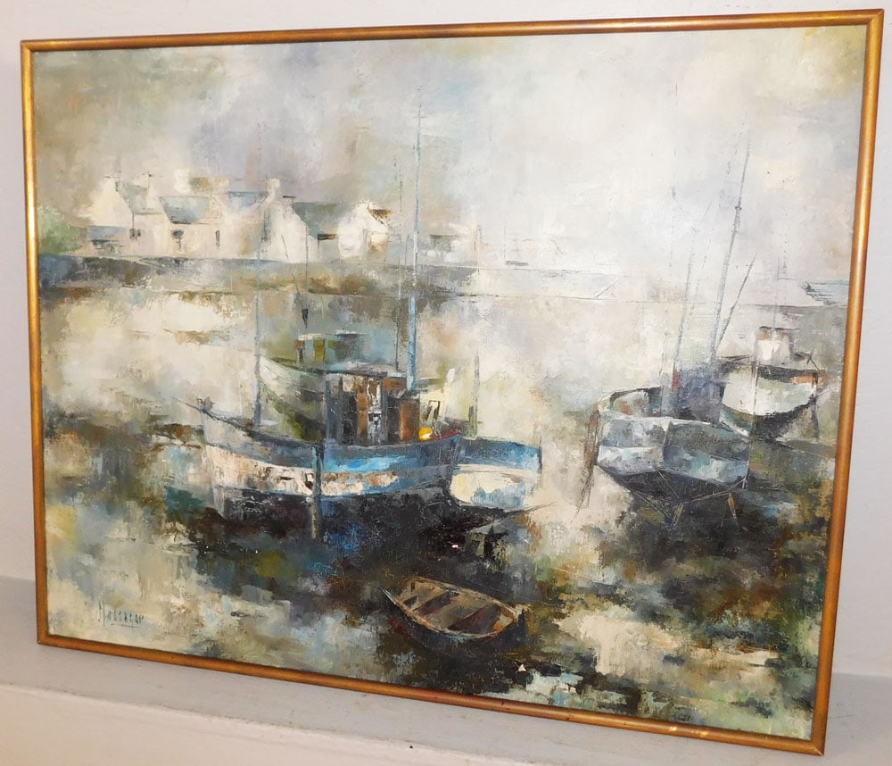 Framed Oil on Canvas Boat Dock Scene Artist Signed: Framed Oil on Canvas Boat Dock Scene Artist Signed . 29 1/2" x 37" ALL DESCRIPTIONS AND ANY CONDITION STATEMENT GIVEN BY LANGSTON AUCTION GALLERY ARE STRICTLY OPINIONS AND LANGSTON'S SHALL HAVE NO RES
