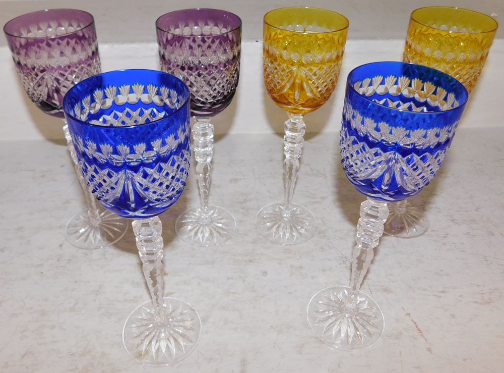 Six Cut to Clear Tall Pedestal Wines: Six Cut to Clear Tall Pedestal Wines . 9 3/4" H 3" Dia. ALL DESCRIPTIONS AND ANY CONDITION STATEMENT GIVEN BY LANGSTON AUCTION GALLERY ARE STRICTLY OPINIONS AND LANGSTON'S SHALL HAVE NO