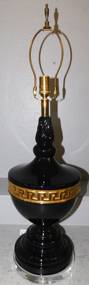 Painted Porcelain Urn Form Lamp with Acrylic Base: Painted Porcelain Urn Form Lamp with Acrylic Base . 34 1/2" H 10" Dia. ALL DESCRIPTIONS AND ANY CONDITION STATEMENT GIVEN BY LANGSTON AUCTION GALLERY ARE STRICTLY OPINIONS AND LANGSTON'S SHALL HAVE NO