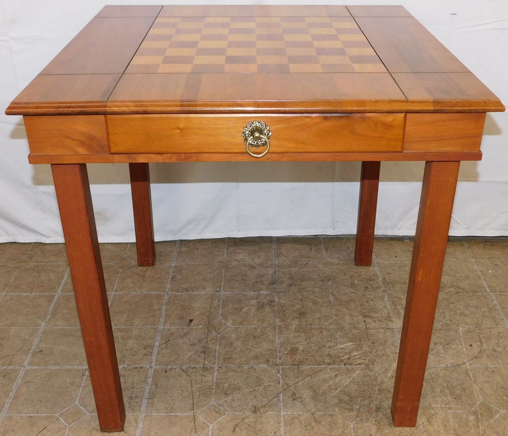 Walnut Inlaid One Drawer Game Table: Walnut Inlaid One Drawer Game Table. 29 1/4" H 30" W 30" D ALL DESCRIPTIONS AND ANY CONDITION STATEMENT GIVEN BY LANGSTON AUCTION GALLERY ARE STRICTLY OPINIONS AND LANGSTON'S SHALL HAVE NO RESPONSIBIL