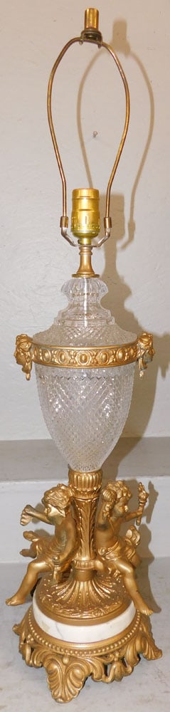 Gilded Metal & Crystal Urn Lamp with Cupid Figural Base (1 of 7)