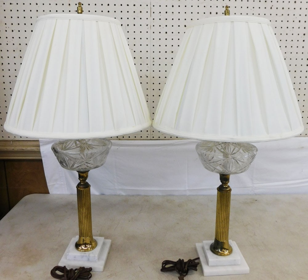 Pair of Brass & Glass Lamps with Marble Base: Pair of Brass & Glass Lamps with Marble Base . 28 1/4" H 14 3/4" Dia. ALL DESCRIPTIONS AND ANY CONDITION STATEMENT GIVEN BY LANGSTON AUCTION GALLERY ARE STRICTLY OPINIONS AND LANGSTON'S SHALL HAVE NO 