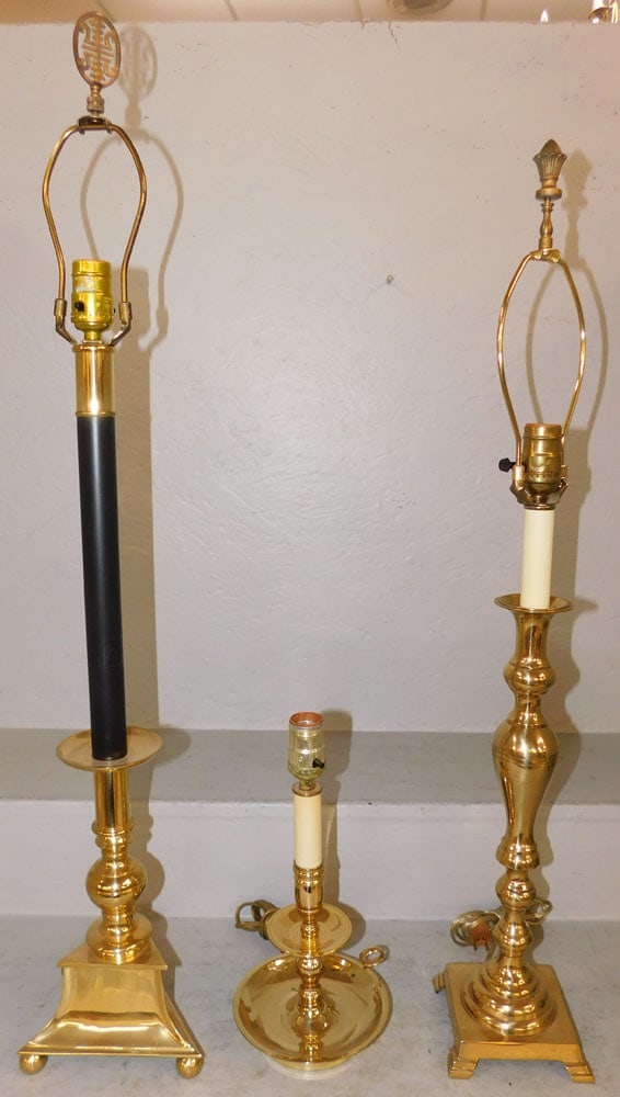 Three Brass Candlestick Lamps, (One by Baldwin): Three Brass Candlestick Lamps, (One by Baldwin). Up to 36 1/4" H 7" W ALL DESCRIPTIONS AND ANY CONDITION STATEMENT GIVEN BY LANGSTON AUCTION GALLERY ARE STRICTLY OPINIONS AND LANGSTON'S SHALL HAVE NO 