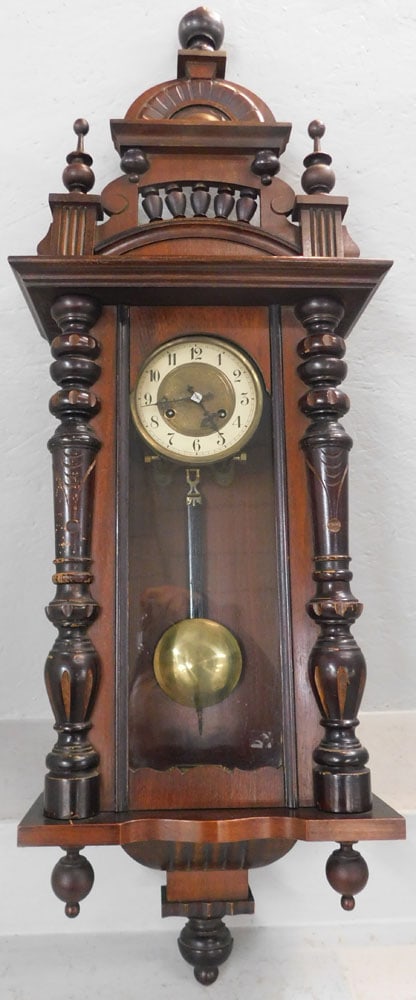 Antique Walnut Vienna Wall Regulator: Antique Walnut Vienna Wall Regulator. 42 1/2" L 15 1/2" W 7 1/4" D ALL DESCRIPTIONS AND ANY CONDITION STATEMENT GIVEN BY LANGSTON AUCTION GALLERY ARE STRICTLY OPINIONS AND LANGSTON'S SHALL HAVE NO RES