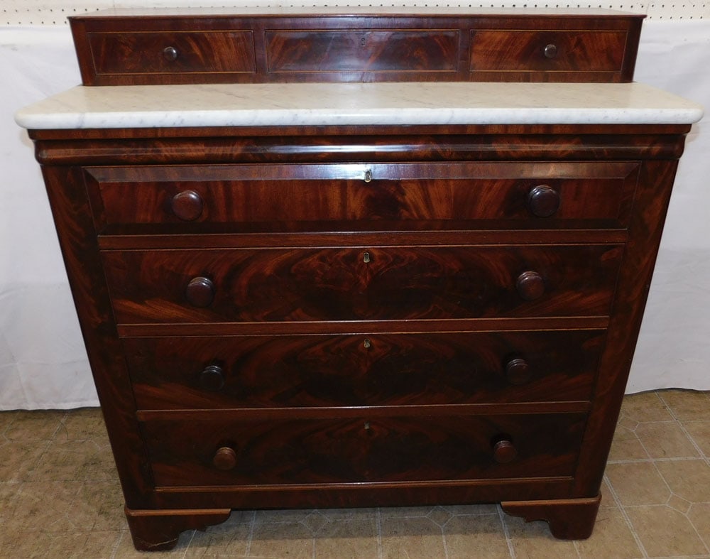 19th Century Empire Mahogany Marble Top Three Over Four Drawer Chest: 19th Century Empire Mahogany Marble Top Three Over Four Drawer Chest . 44 1/4" H 43" W 20" D ALL DESCRIPTIONS AND ANY CONDITION STATEMENT GIVEN BY LANGSTON AUCTION GALLERY ARE STRICTLY OPINIONS AND