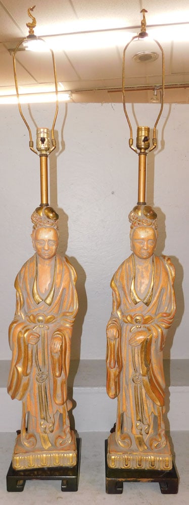 Pair of Painted Ceramic Oriental Figural Lamps: Pair of Painted Ceramic Oriental Figural Lamps. 48 1/4" H 7 1/2" W ALL DESCRIPTIONS AND ANY CONDITION STATEMENT GIVEN BY LANGSTON AUCTION GALLERY ARE STRICTLY OPINIONS AND LANGSTON'S SHALL HAVE NO RES