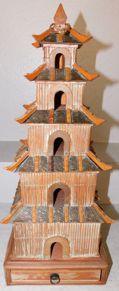Bamboo & Metal Bound Oriental Pagoda Shaped Top Bird House: Bamboo & Metal Bound Oriental Pagoda Shaped Top Bird House . 21" H 8 3/4" Dia. ALL DESCRIPTIONS AND ANY CONDITION STATEMENT GIVEN BY LANGSTON AUCTION GALLERY ARE STRICTLY OPINIONS AND LANGSTON'S SHALL
