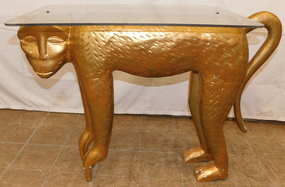 Gilded Carved Wood Acrylic Top Folk Art Cat Form Stand: Gilded Carved Wood Acrylic Top Folk Art Cat Form Stand . 21" H 29" W 15" D ALL DESCRIPTIONS AND ANY CONDITION STATEMENT GIVEN BY LANGSTON AUCTION GALLERY ARE STRICTLY OPINIONS AND LANGSTON'S SHALL