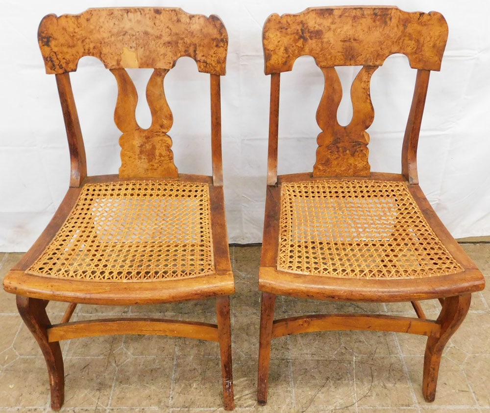 Pair of Antique Maple & Cane Seat Chairs: Pair of Antique Maple & Cane Seat Chairs . 32 1/4" H 18" W 20" D ALL DESCRIPTIONS AND ANY CONDITION STATEMENT GIVEN BY LANGSTON AUCTION GALLERY ARE STRICTLY OPINIONS AND LANGSTON'S SHALL HAVE NO