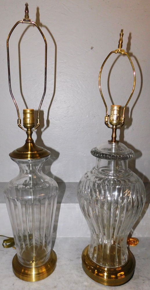 Two Crystal & Brass Urn Form Lamps: Two Crystal & Brass Urn Form Lamps . 31 3/4" H 7" Dia. ALL DESCRIPTIONS AND ANY CONDITION STATEMENT GIVEN BY LANGSTON AUCTION GALLERY ARE STRICTLY OPINIONS AND LANGSTON'S SHALL HAVE NO RESPONSIBILITY 